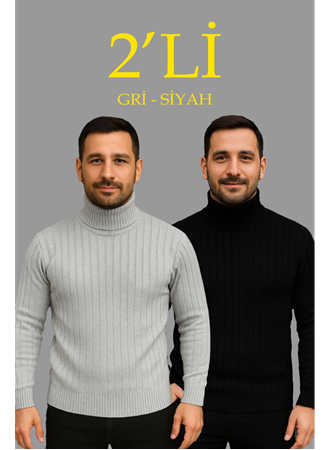 Erkek Fitilli Triko Kazak 2li Set Gri Siyah Regular Balıkcı Yaka Tam Boğazlı Triko Seti Modeli Kazak