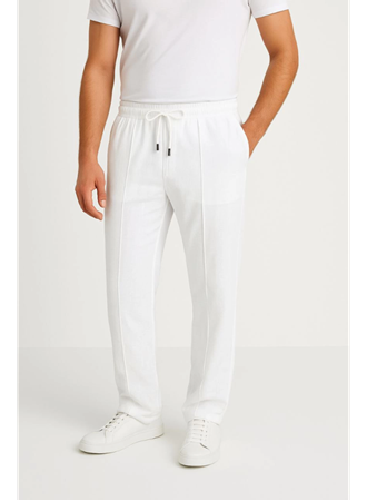 Erkek Keten Pantolon – Cepli, Beli Lastikli Ve Bağcıklı, Nefes Alan Rahat Kalıp, Yazlık Ve Baharlık Günlük Giyim, Şık - Konforlu Boru Paça Model - Beyaz