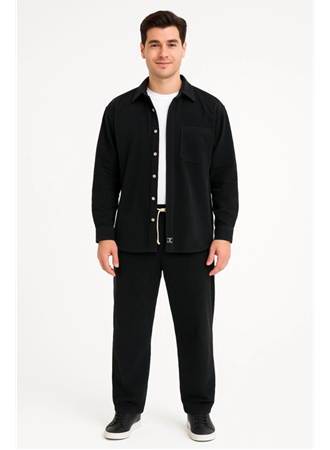 Erkek Kadife Oversize Takım – Gömlek Ve Pantolon İkili Set Füme Corduroy Şıklığı, Rahat Ve Zarif Duruş Yumuşak Dokulu Kadife Kumaş, Düğmeli Gömlek Üst Ve Lastikli Pantolon Alt Parça Ile Gün Boyu Konfor- Siyah