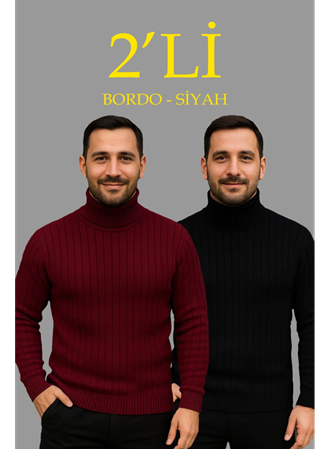 Erkek Fitilli Triko Kazak 2li Set Bordo Siyah Regular Balıkcı Yaka Tam Boğazlı Triko Seti Modeli Kazak