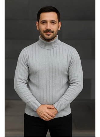 Erkek Balıkcı Yaka Bağazlı Triko Kazak Pamuklu Kalın Fitilli Dokuma, Regular Fit Uzun Kollu Kışlık Model - Gri