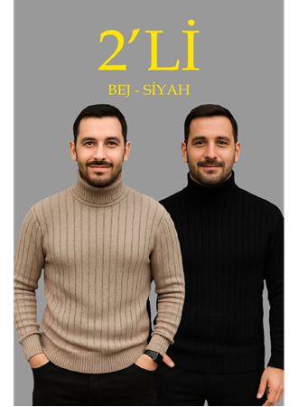 Erkek Fitilli Triko Kazak 2li Set Bej Siyah Regular Balıkcı Yaka Tam Boğazlı Triko Seti Modeli Kazak