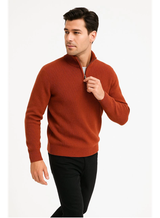 Erkek Yarım Fermuarlı Triko Kazak – Selanik Örgü, Dik Yaka, Pamuklu Dokuma, Regular Fit Uzun Kollu Kışlık Model - Kiremit