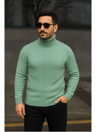 Erkek Balıkcı Yaka Bağazlı Triko Kazak Pamuklu Kalın Fitilli Dokuma, Regular Fit Uzun Kollu Kışlık Model - Mint Yeşili