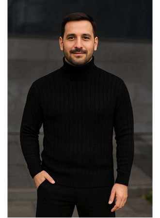 Erkek Balıkcı Yaka Bağazlı Triko Kazak Pamuklu Kalın Fitilli Dokuma, Regular Fit Uzun Kollu Kışlık Model - Siyah