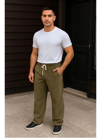 Erkek Fitilli Kadife Cepli Buggy Pantolon Oversize Rahat Kalıp - Haki