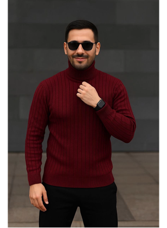 Erkek Balıkcı Yaka Bağazlı Triko Kazak Pamuklu Kalın Fitilli Dokuma, Regular Fit Uzun Kollu Kışlık Model - Bordo