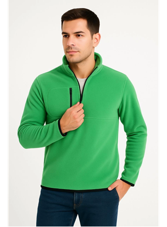 Erkek Polar Kazak – Dik Yaka, Yarım Fermuarlı, Fermuarlı Göğüs Cepli, Siyah Biyeli, Kışlık Rahat Regular Fit Günlük Model - Yeşil