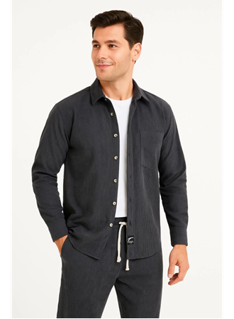 Erkek Kadife Oversize Takım – Gömlek Ve Pantolon İkili Set Füme Corduroy Şıklığı, Rahat Ve Zarif Duruş Yumuşak Dokulu Kadife Kumaş, Düğmeli Gömlek Üst Ve Lastikli Pantolon Alt Parça Ile Gün Boyu Konfor- Füme