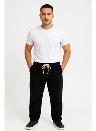 Erkek Fitilli Kadife Cepli Buggy Pantolon Oversize Rahat Kalıp - Siyah