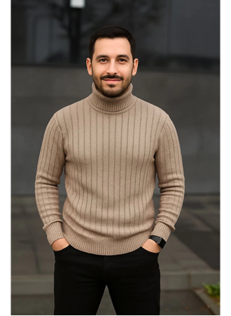 Erkek Balıkcı Yaka Bağazlı Triko Kazak Pamuklu Kalın Fitilli Dokuma, Regular Fit Uzun Kollu Kışlık Model - Bej