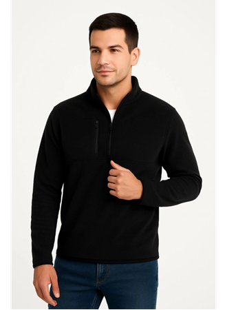 Erkek Polar Kazak – Dik Yaka, Yarım Fermuarlı, Fermuarlı Göğüs Cepli, Siyah Biyeli, Kışlık Rahat Regular Fit Günlük Model - Siyah