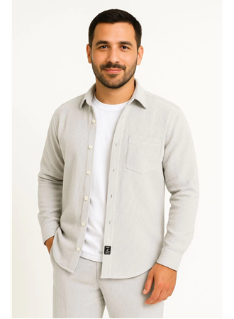 Erkek Fitilli Kadife Cepli Gömlek Oversize Rahat Kalıp - Gri