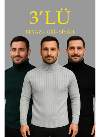 Erkek Fitilli Triko Kazak 3lÜ Set Gri Haki Siyah Regular Balıkcı Yaka Tam Boğazlı Triko Seti Modeli Kazak
