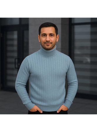 Erkek Balıkcı Yaka Bağazlı Triko Kazak Pamuklu Kalın Fitilli Dokuma, Regular Fit Uzun Kollu Kışlık Model - Bebe Mavisi