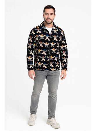 Erkek Tam Fermuarlı Desenli Polar Sweat – Siyah Multicolor Figür Desen Yakalı, Uzun Kollu, Oversize Rahat Kalıp- Siyah