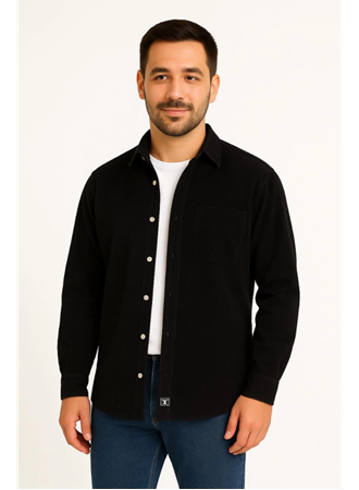 Erkek Fitilli Kadife Cepli Gömlek Oversize Rahat Kalıp - Siyah