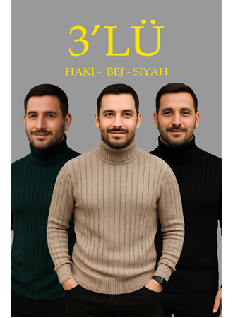 Erkek Fitilli Triko Kazak 3lÜ Set Bej Haki Siyah Regular Balıkcı Yaka Tam Boğazlı Triko Seti Modeli Kazak