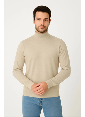 Erkek Yarım Boğaz Triko Kazak Yumuşak Dokulu Pamuklu Ince Dokuma, Uzun Kollu Rahat Regular Kalıp - Bej