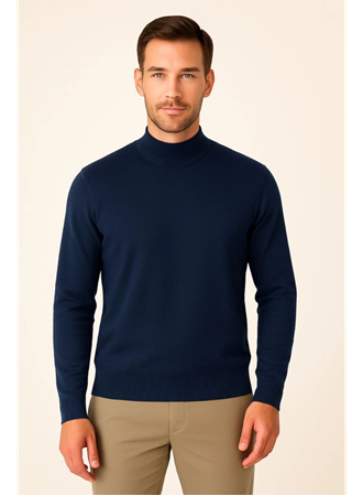 Erkek Yarım Boğaz Triko Kazak Yumuşak Dokulu Pamuklu Ince Dokuma, Uzun Kollu Rahat Regular Kalıp - Lacivert