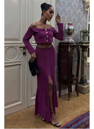 Madonna Yaka Derin Yırtmaç Etekli Şık Triko Takım 10099