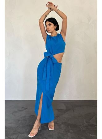 Turkuaz Kuşaklı Crop Ve Etek Takım