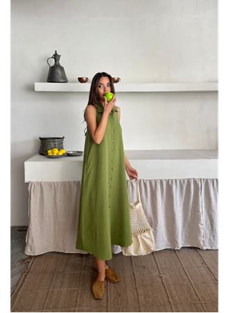 KETEN ÖNDEN DÜĞMELİ KOLSUZ GÖMLEK YAKA ELBİSE - Yağ Yeşili