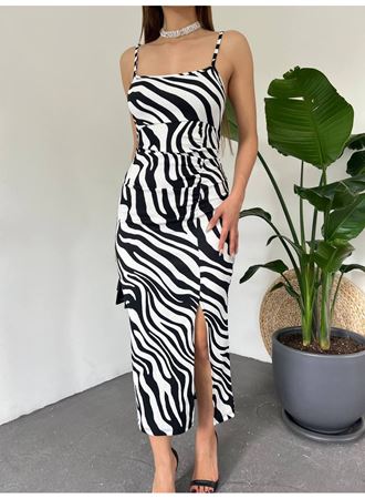 Kadın Zebra Baskılı Omuz Askılı Sırt Dekolteli Yırtmaç Detay Elbise