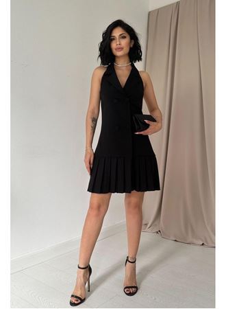 Siyah Sırtı Açık Ceket Yakalı Elbise