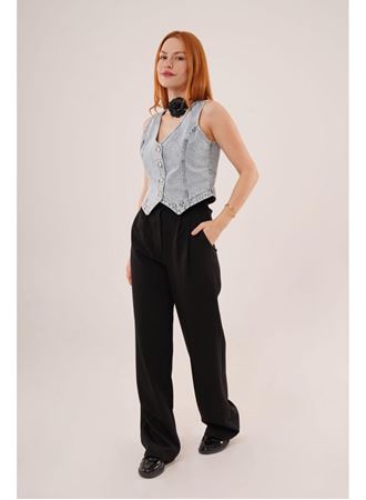 Düğme Ve Ön Dikiş Detaylı Mavi Jean Yelek