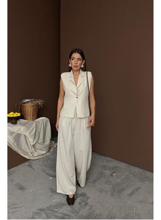 Bej Keten Yelek Pantolon Takım