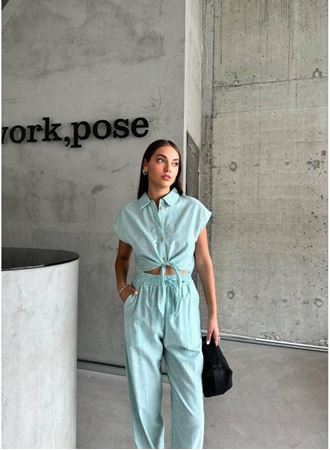 ÇİZGİLİ KETEN KOLSUZ CROP PANTOLON TAKIM - Yeşil