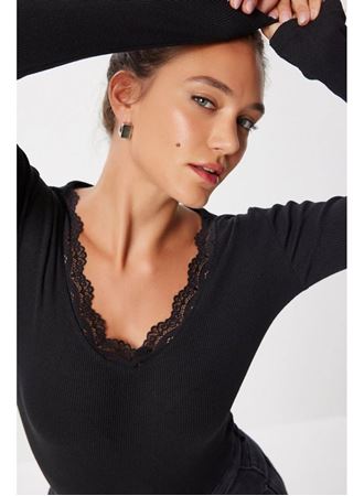 Kadın Dantel Detay V Yaka Kaskorse Kumaş Bluz