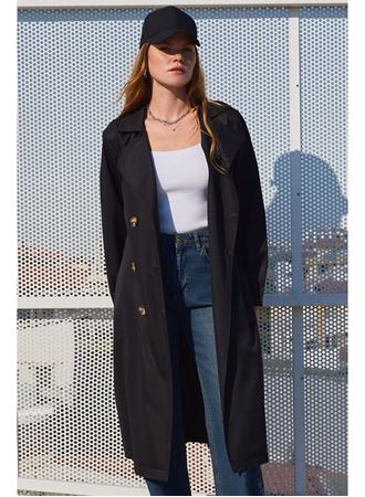 5853 Kruvaze Yaka Trençkot - Siyah