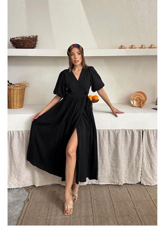 Siyah Müslin Uzun Elbise
