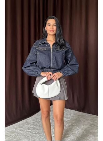 Mavi Taşlı Kısa Kot Ceket