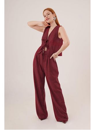 Ön Bağlama Detaylı Yelek Ve Pantolon Bordo İkili Takım