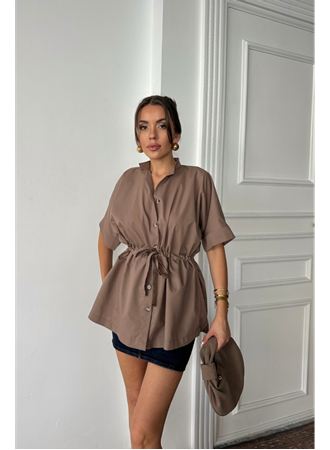 BEL BÜZGÜ DETAYLI POPLİN GÖMLEK - Kahverengi
