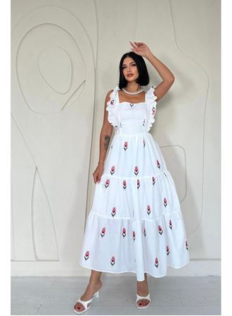 Kırmızı Sıfır Kol Fırfırlı Elbise