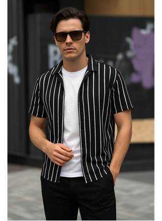 Erkek Kısa Kollu Beyaz çizgi Desenli örme Kumaş Pamuklu Gömlek