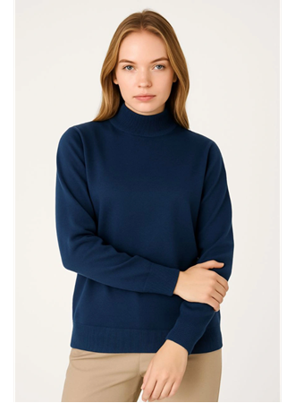 Yarım Boğaz Triko Kazak Yumuşak Dokulu Pamuklu Ince Dokuma, Uzun Kollu Rahat Regular Kalıp - Lacivert