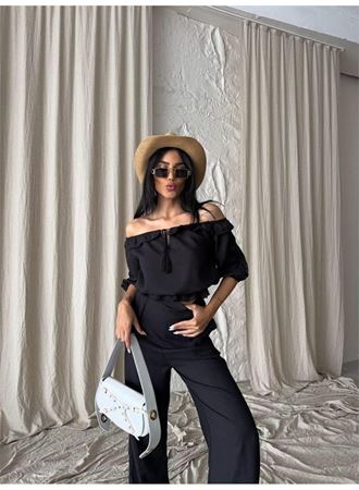 KETEN MADONNA YAKA KOL HASIR ŞERİT - PANTOLON TAKIM - Siyah