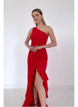 Kırmızı Yırtmaçlı Volanlı Elbise