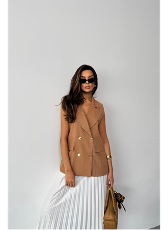 GOLD DÜĞMELİ KETEN YELEK - Kahverengi