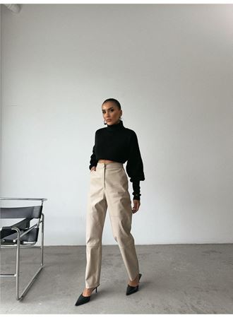 DERİ PANTOLON DİZ PARÇALI - Taş