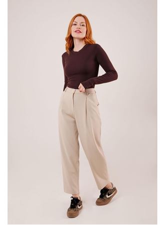 Kapama Cep Detaylı Krem Pantolon