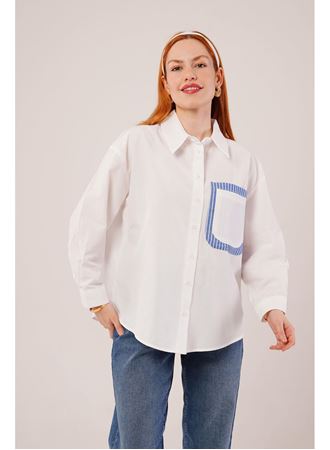 Çizgili Cep Detaylı Beyaz Gömlek