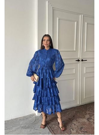 Saks Valonlu Şeritli Kat Kat Elbise