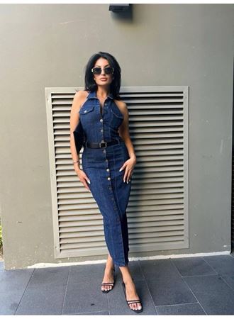 Kadın Düğme Detaylı Belden Kemerli Sırt Dekolte Kot Elbise