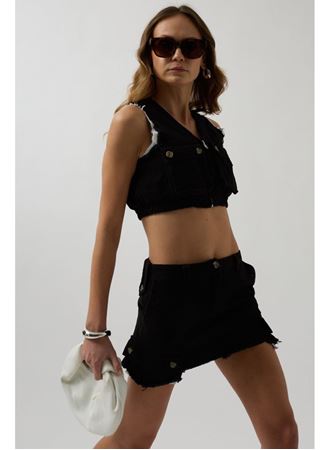 V Yaka Düğmeli Crop Yelek